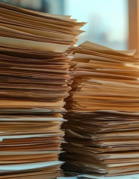 Two large stacks of paper files with folders in an office setting illuminated by warm sunlight