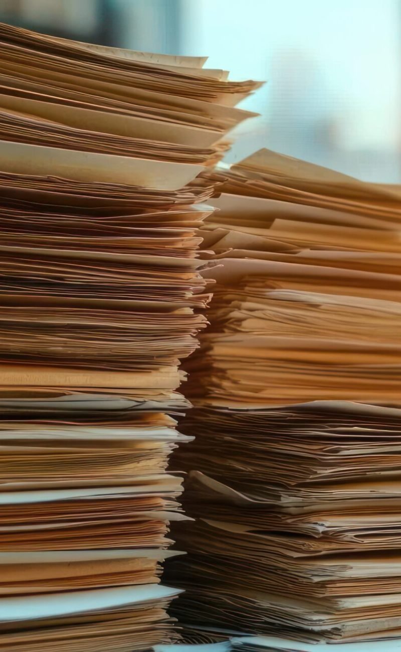 Two large stacks of paper files with folders in an office setting illuminated by warm sunlight
